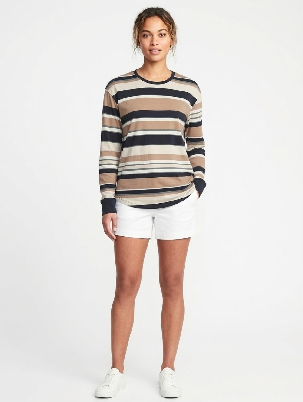 Striped Long-Sleeve Crewneck Women Top in Tan and Black Up To Size 3XL NWT